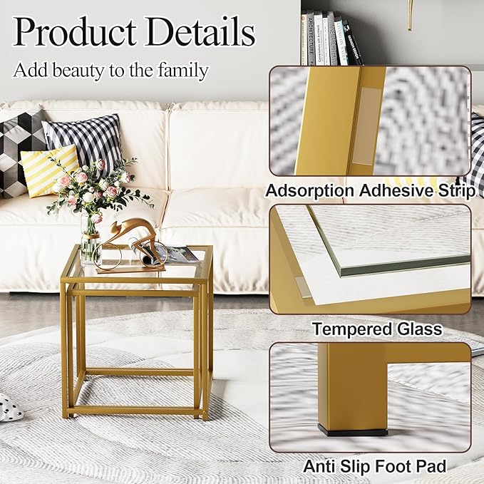 Garden 4 you Coffee Table Set of 2, Modern Glass Nesting Table, Metal Frame Square Center Table Set, Side Tables, Nesting Coffee Table for Living Room, Bedroom and Small Spaces, 19.7in Gold