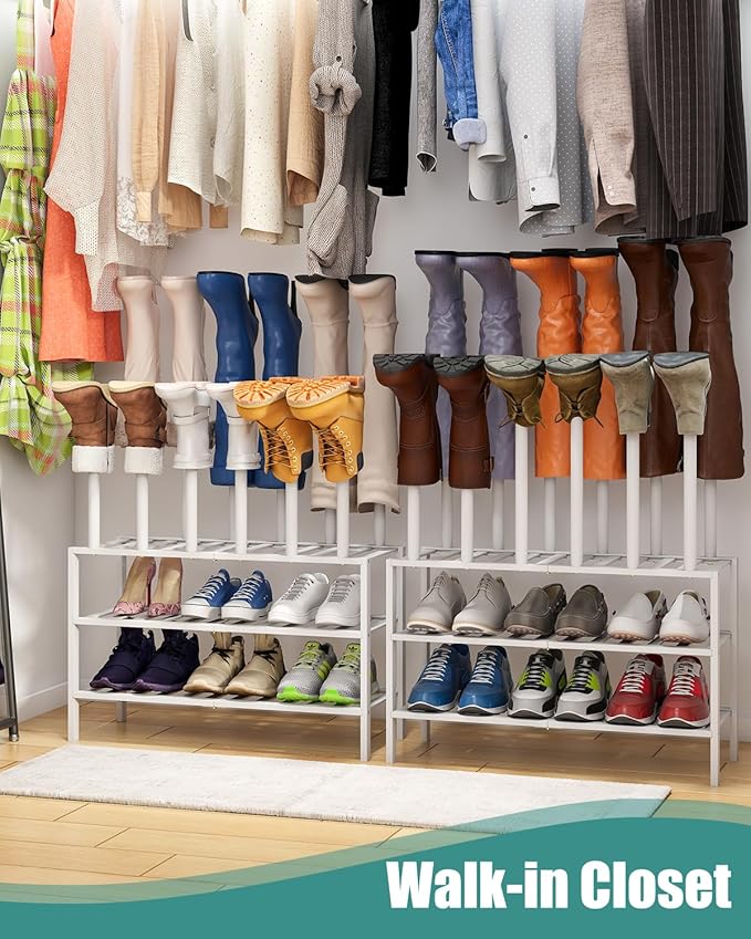 White Boot Rack, Boot Rack Organizer Tall Boots with Shoe Rack for Closet, Bamboo Wood Shoe Shelf Storage Organizer for Entryway