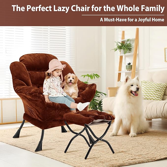 Lazy Chair with Folding Ottoman, Accent Chair Plush Upholstered with Metal Structure and Non-Slip Pads, Sofa Armchair with Footrest and Side Storage Bag for Dorm, Room, Office, Brown