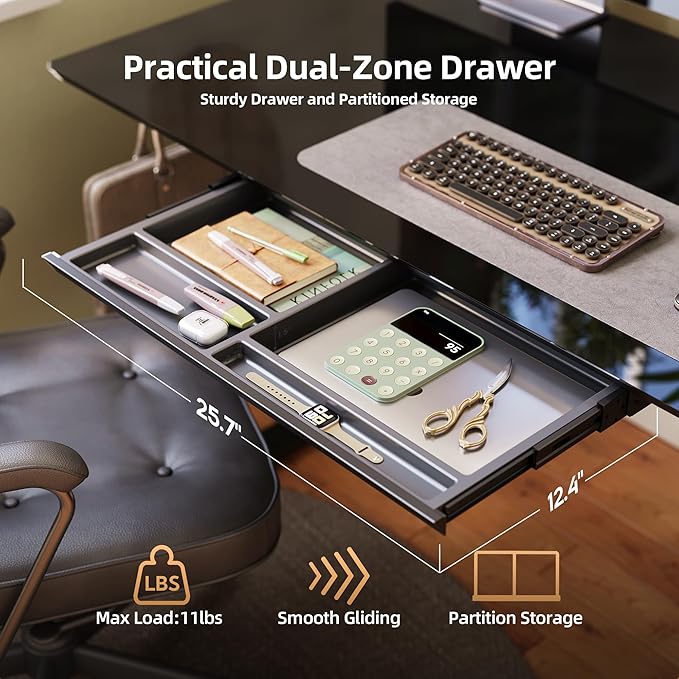 INNOVAR Glass Standing Desk with Drawers, 55×27.6 Inch Adjustable Stand Up Desk Quick Install Home Office Computer Desk, Black