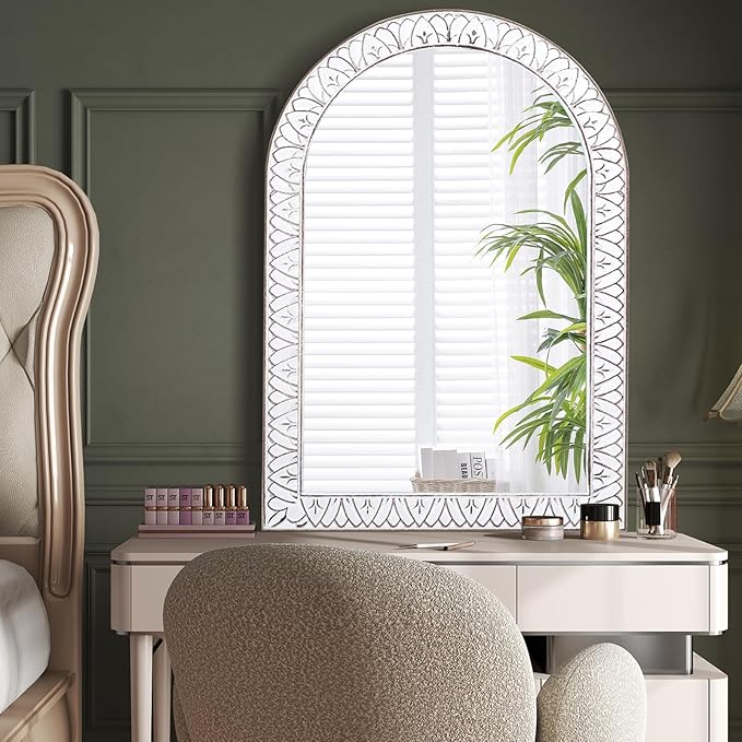 36x24 Inch Arched Wall Mirror with Wooden Frame, Rustic Farmhouse Decorative Arch Mirrors for Bathroom, Bedroom, Living Room, Entryway & Kitchen