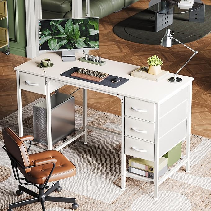 Huuger 47 Inch White Desk with 4 Drawers, Vanity Desk with Mesh Shelf, Study Table with Large Storage, Computer Desk for Home Office, Bedroom, Work from Home