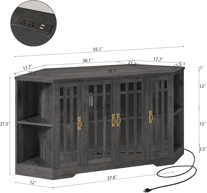 IRONCK Corner TV Stand for TVs up to 60 Inch with Power Outlet, Corner Entertainment Center with Storage Cabinet and Glass Doors, Mid Century Modern TV Stand for Living Room, Bedroom, Charcoal Grey