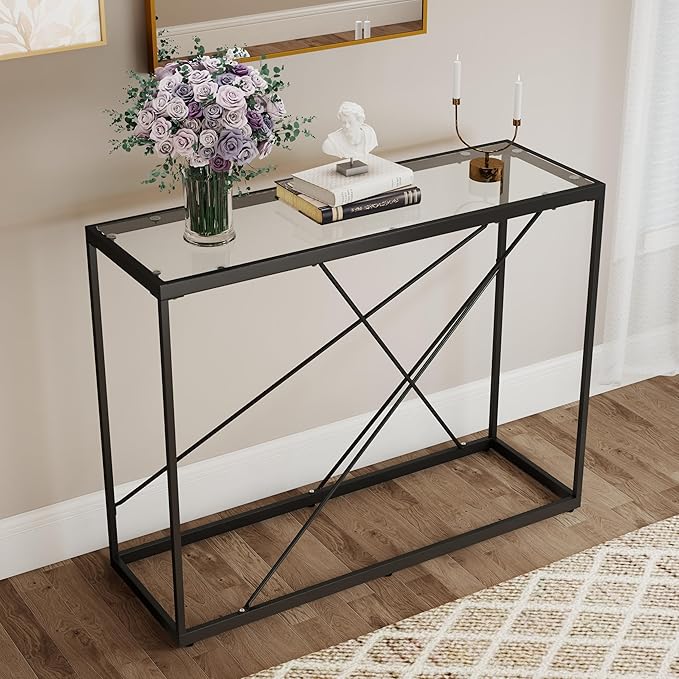 OIOG Glass Console Table for Entryway, Modern Sofa Table with Temperes Glass Tabletop and Black Frame, Black Entryway Table for Living Room, Foyer, Dining Room, Hallway, Office