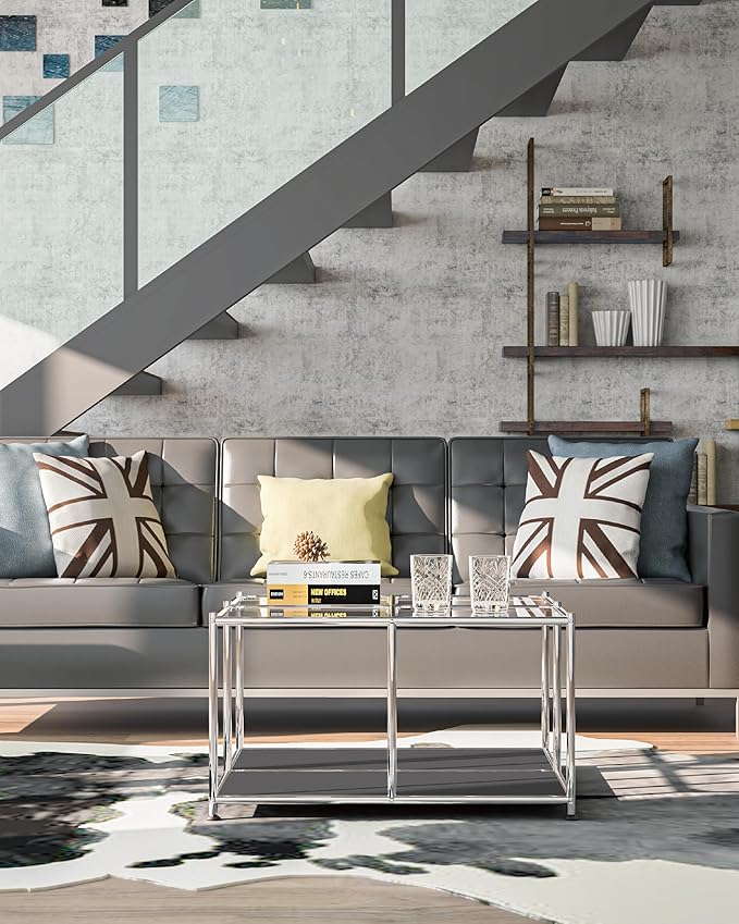 Matte Coffee Table with Open Storage, Square Tempered Glass Storage Rolling Coffee Table, Modern Design for Living Room, Meeting Room (Grey)