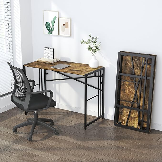 40 inch Folding Computer Desk, Writing Gaming Computer Camping Desk, No Assembly Required Home Office Table, Rustic Brown