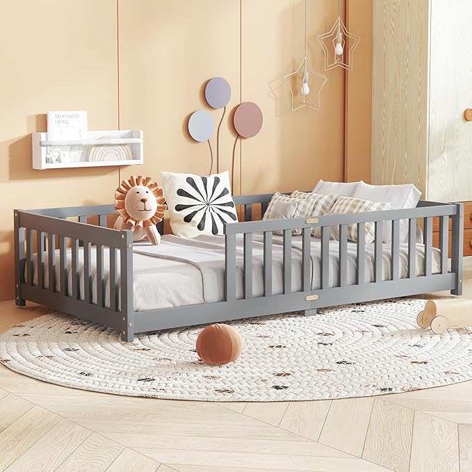Bellemave Twin Floor Bed with Slats and Safety Guardrails, Kids Montessori Floor Beds with Fence and Without Door, Easy Assemble Floor Bed for Kids, Girls, Boys, Gary
