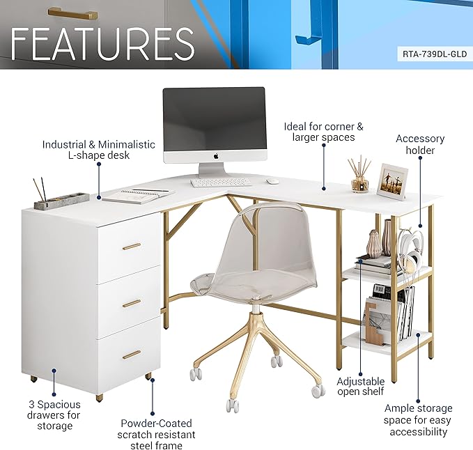 Techni Mobili L Shaped Desk - Two-Toned Computer Desk with Drawers & Storage Shelves - Simple Modern Furniture & Home Office Space Corner Table for Work & Writing