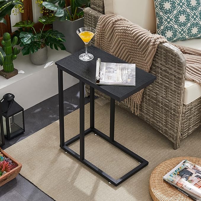 VECELO C Shaped End Side Table for Sofa Couch and Bed Snack TV Tray for Living Room Bedroom, 2 Set, Black