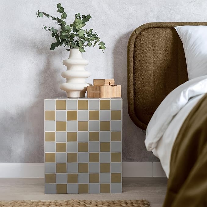 JONATHAN Y END2000I Callista 18" Modern Bohemian Ceramic Tiled Rectangle End Table, Side Table, Accent Table for Living Room, Bedroom, Khaki Yellow/Light Gray