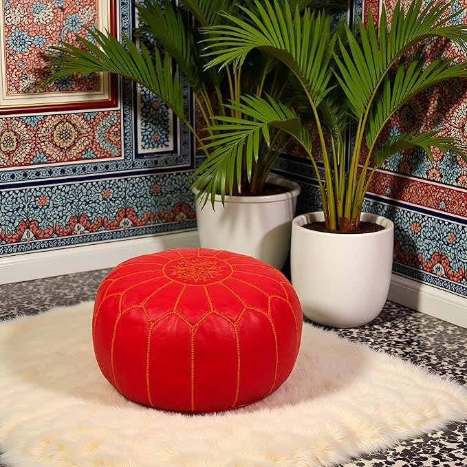 Stuffed Round Design Moroccan Leather Pouf Ottoman, Handmade, Pre-Filled, 100% Genuine Leather, 13” Height x 20” Diameter, Footstool & Living Room Décor (Orange)