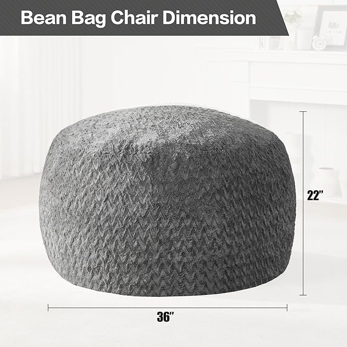 Hobestluk 3ft Bean Bag Chairs for Adults Large Beanbag Chair with Chevron Plush Fur Cover Big Bean Bag Chair for Living Room Bedroom Dorm Office - Grey (36” x 36” x 22”)