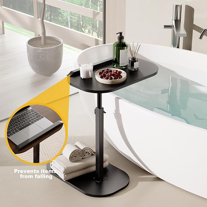 C Shaped End Side Table with Anti-Drop Rod, Adjustable Height & 360° Swivel Snack Table for Couch, Sofa, Bedroom, Living Room, TV Tray Table for Eating, Dinner or Laptop, Small Spaces, Black