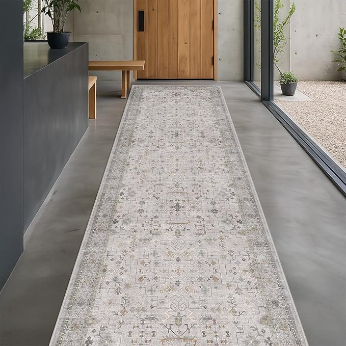 Light Gray Washable 2'6"x10' Wide Hallway Runners, Kitchen Runner Rug, Non-Slip & Stain Resistant 10ft Long Floor Rug, Neutral Boho Floral Décor