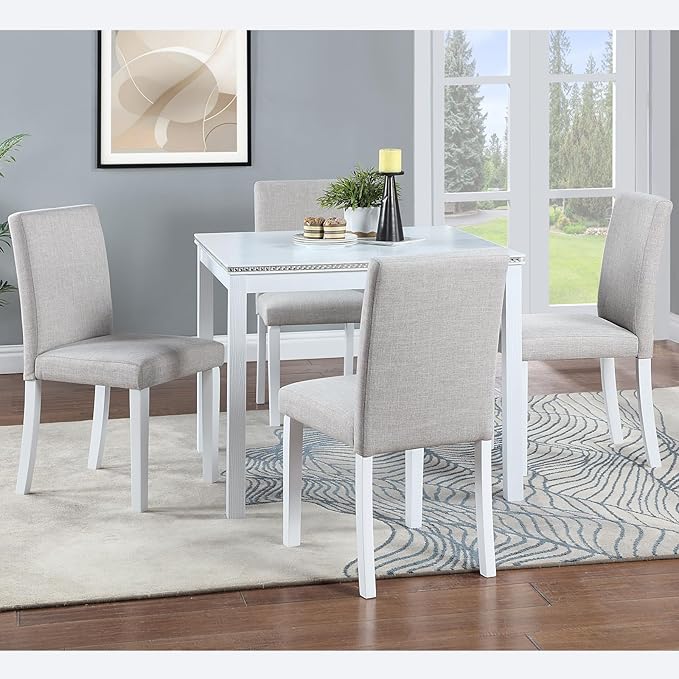 KEIKI 5-Piece Standard Height Dining Table Set with Square Table and 4 Upholstered Chair, for 4 Person, Modern Style Crystal Decoration Wood Table Set, Easy Assembly, for Kitchen, Dining Room, White