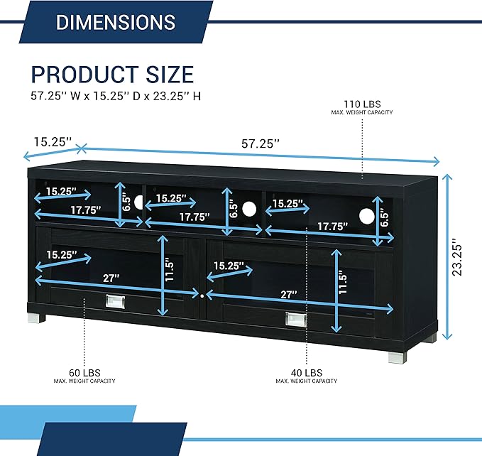 Techni Mobili TV Stand for 55+ Inch TV - Durbin Entertainment Center for 65 Inch TV - Living Room & Media Furniture with Glass Storage Cabinet Drawers, Shelves, & Cable Management Opening - Black
