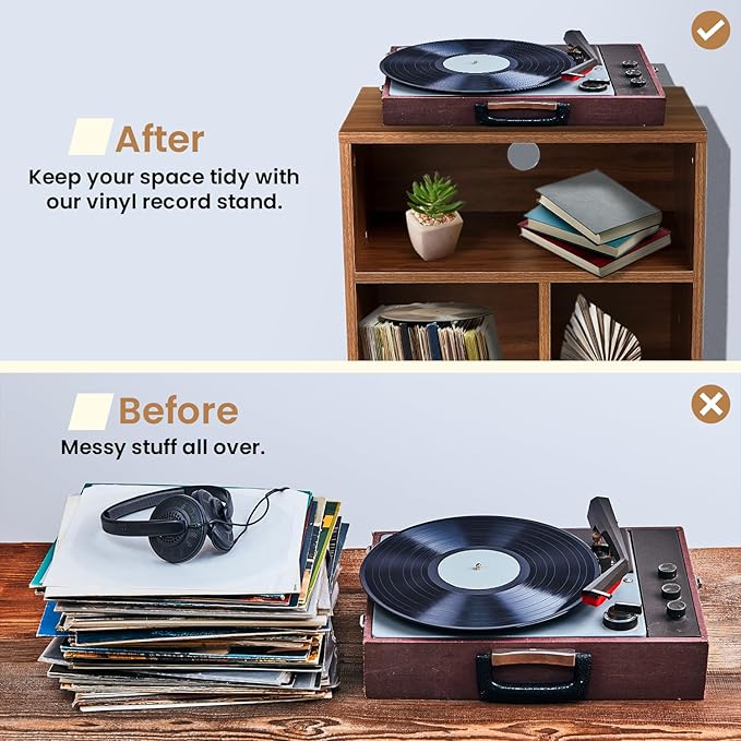 Record Player Table – 20 x 15.75 x 32 Inches- Vintage Decor Side Table with Wood Legs, Record Holder Stand - Walnut Finish Retro Furniture Storage Cabinet for Living Room, Bedroom, Kitchen