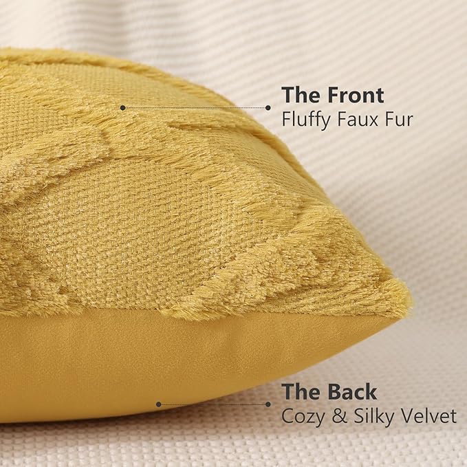 decorUhome Fall Throw Pillow Covers 16x16 Inch Set of 2, Soft Plush Faux Fur Wool Mustard Yellow Couch Pillow Covers, Decorative Neutral Pillow Cases for Bed Sofa Living Room Home Decor