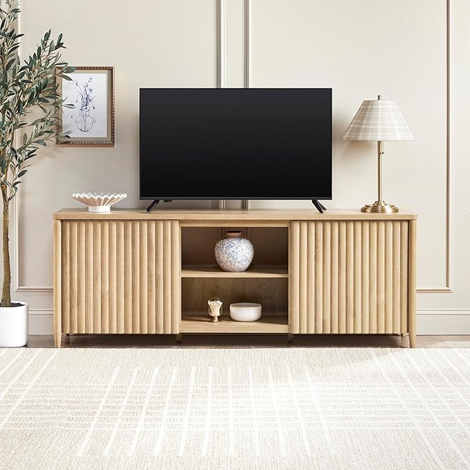 Walker Edison Scandinavian Reeded TV Stand with Open Storage for up to 80" TV Coastal Oak