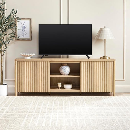 Walker Edison Scandinavian Reeded TV Stand with Open Storage for up to 80" TV Coastal Oak