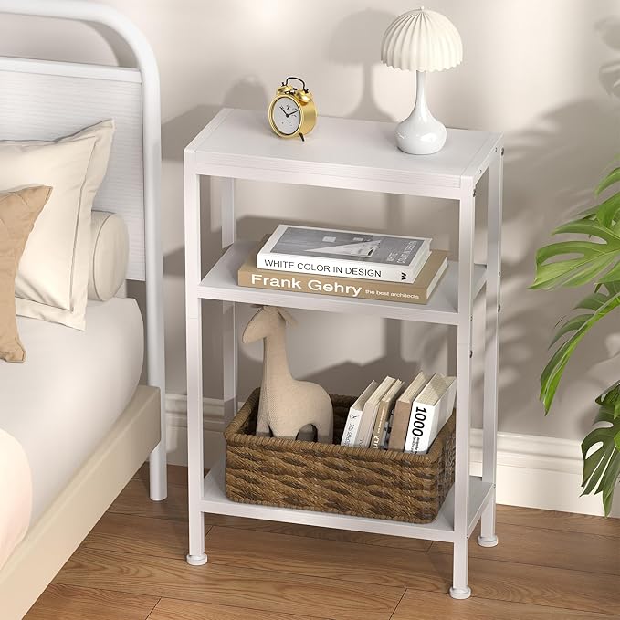 Narrow Side Table for Small Space, 3-Tier Small End Table with Shelf Holder, Slim Nightstand, Skinny Snack Couch Table in Living Room, Bedroom, Study, Kitchen and Balcony (White)
