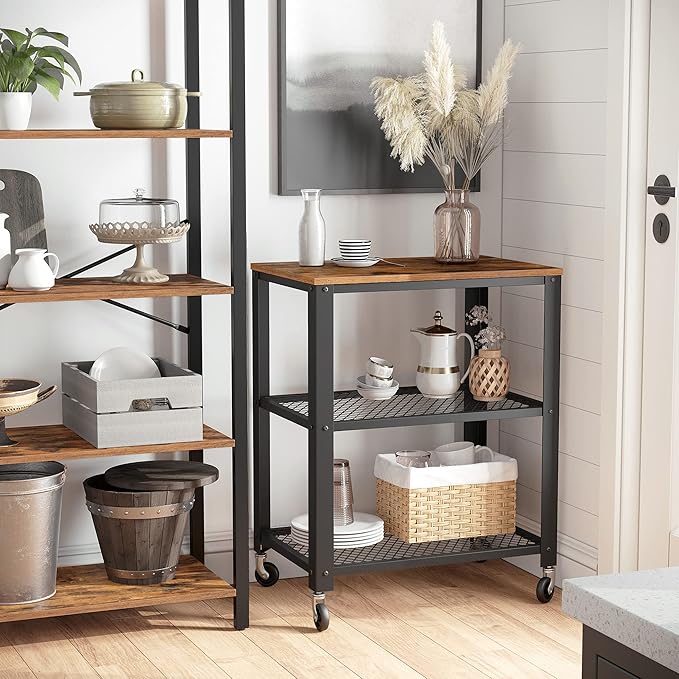 VASAGLE BRYCE Serving Cart, 3-Tier Kitchen Utility Cart on Wheels with Storage, for Living Room, Accent Furniture with Steel Frame, Industrial, Rustic Brown and Black ULRC78X
