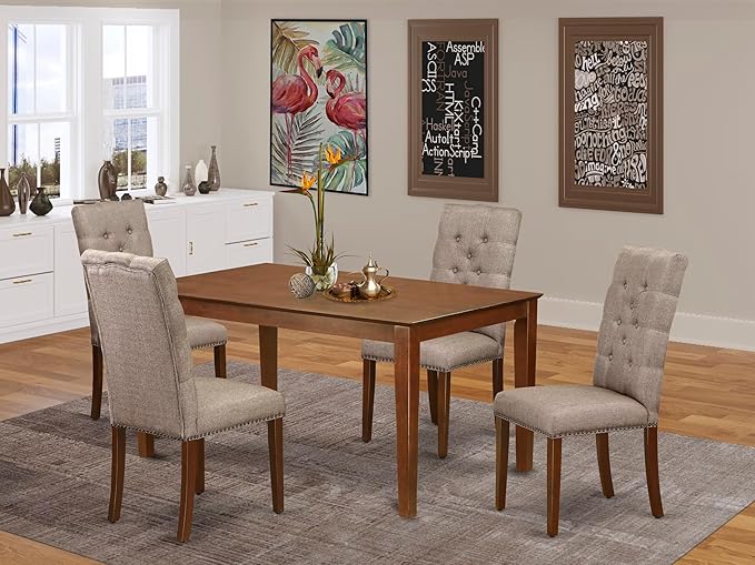 East West Furniture CAEL5-MAH-16 5 Piece Dining Table Set for 4 Includes a Rectangle Kitchen Table and 4 Dark Khaki Linen Fabric Parsons Dining Chairs, 36x60 Inch, Linen White