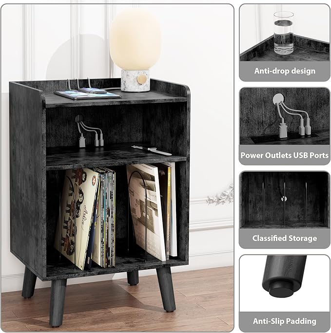 Record Player Stand, Turntable Stand with Record Storage and Charging Station & USB Ports, Record Player Table with Metal Divider, Record Stand Up to 120 Albums for Living Room, Bedroom Black