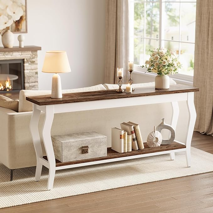 LITTLE TREE 70.9 Inches Long Console Table, 2-Tier Vintage Wooden Sofa Table Behind The Couch with Metal Legs for Hallway, Entryway, Living Room, Brown & White