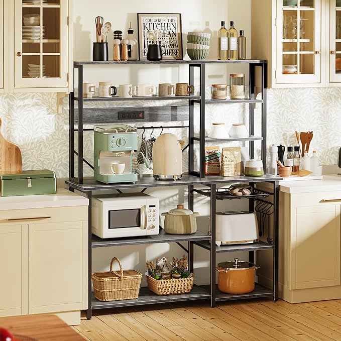 SUPERJARE Larger Bakers Rack with Power Outlets, 6-Tier Microwave Stand, Coffee Bar with 12 S-Shaped Hooks, Kitchen Shelf with Wire Basket, 47.2 x 15.5x 66.9 Inches, Grey