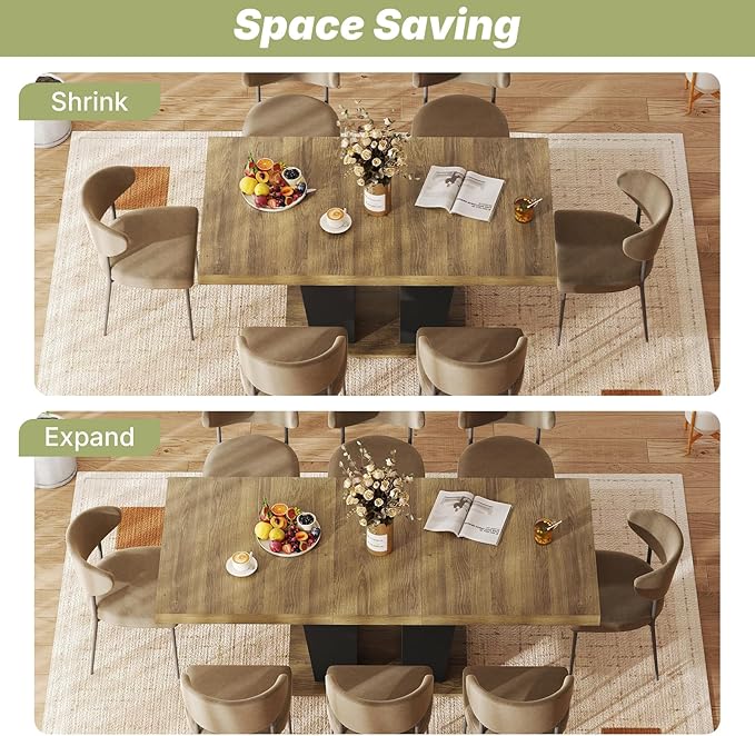 63"-78.7" Expandable Dining Table, 6-10 Rectangle Table, Extendable Console Table, Wooden Farmhouse Kitchen Table with Metal Track & Dual Column Base for Living, Office-Beige Brown