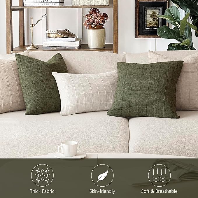 Foindtower Set of 2 Decorative Linen Check Throw Pillow Covers Neutral Farmhouse Vintage Cushion Covers Modern Boho Home Decor for Sofa Chair Couch Bedroom Living Room Outdoor,16×16 Inch,Olive Green