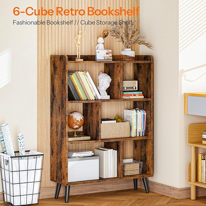 HOOBRO 6 Cube Bookshelf, 4 Tier Bookcase with Legs, Mid-Century Modern Bookshelves, Large Open Storage Shelf, Wooden Book Case for Living Room, Bedroom, Office, Kitchen, Rustic Brown FG116SJ01