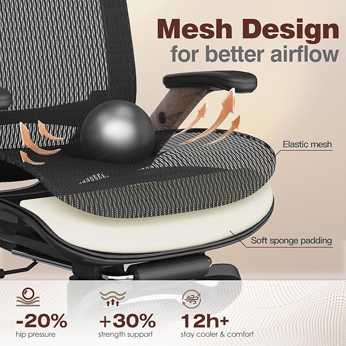 GABRYLLY Ergonomic Office Chair with Footrest, High Back Mesh Computer Chair with Flip-Up Arm, 3D Headrest, 135° Reclining, Rolling Gaming Task Chair with Wide Seat Lumbar Support,400LBS