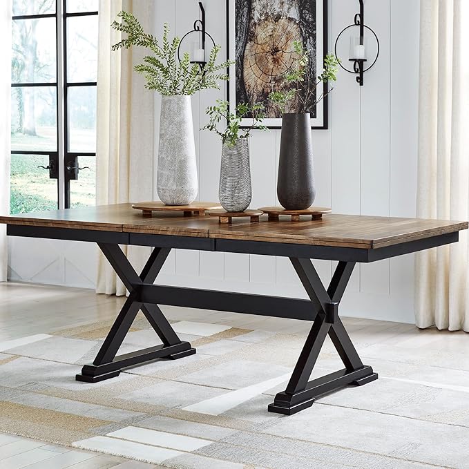 Signature Design by Ashley Wildenauer Farmhouse Dining Extension Table with Self-Storing Butterfly Leaf for 6-8 People, Black & Dark Brown
