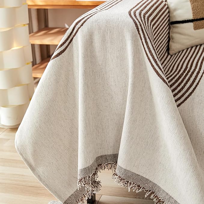STACYPIK Boho Chenille Couch Cover for Pets, Khaki Striped Sofa Cover for 2 Cushion Couch, Non Slip Furniture Protector, Tassels Geometric L Shaped Couch Cover for Dogs Cat Loveseat Slipcover-71x118IN