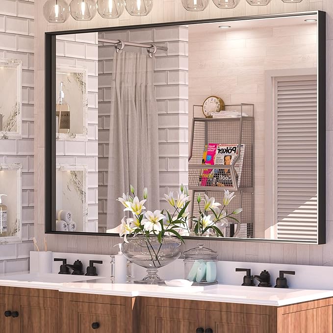 Keonjinn Black Mirror for Bathroom 55 x 36 Inch Rectangle Mirror Large Matte Black Vanity Mirror Metal Frame Farmhouse Mirror, Modern Rectangular Wall Mirror with Square Corner(Horizontal/Vertical)