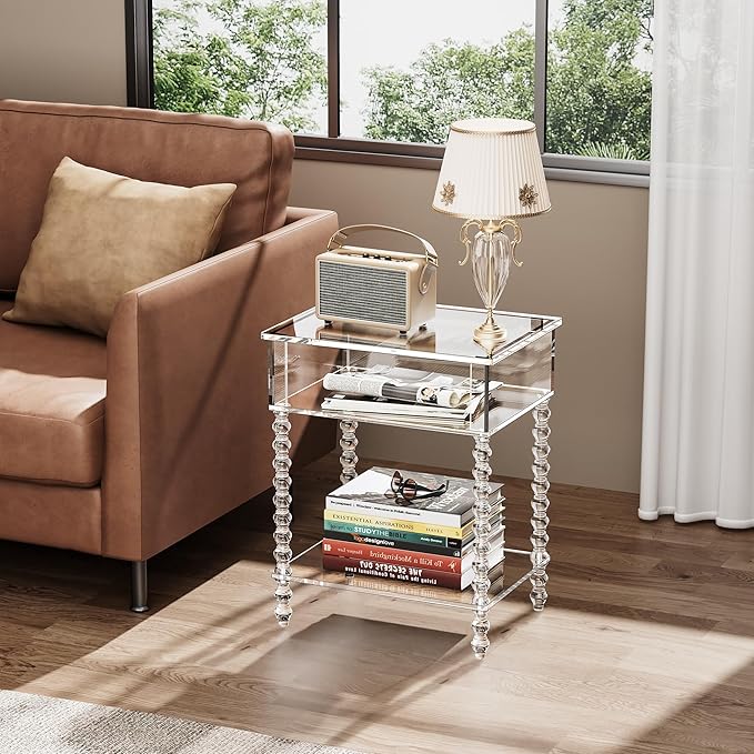 Acrylic Side Table, Clear 3-Tier End Table with Storage, Nightstand for Living Room, Bedroom, Office (Clear, 11.8 ×15.7 × 19.7)