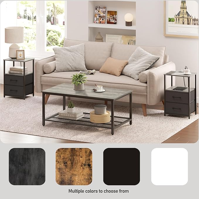 TUTOTAK LED End Table with Charging Station, Nightstand with Cloth Drawer, Side Table with 1 USB Port and 1 Type-C Port, Set of 2, Couch Table, Greige TB01BG052L