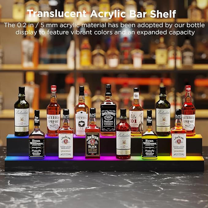 Dethan 2 Tier 48 Inch LED Lighted Liquor Bottle Display Shelf - Illuminated Wine Racks with Multi-Color App & Remote Control, Adjustable Brightness & Sound Modes, Acrylic Bar Shelves for Club Displays