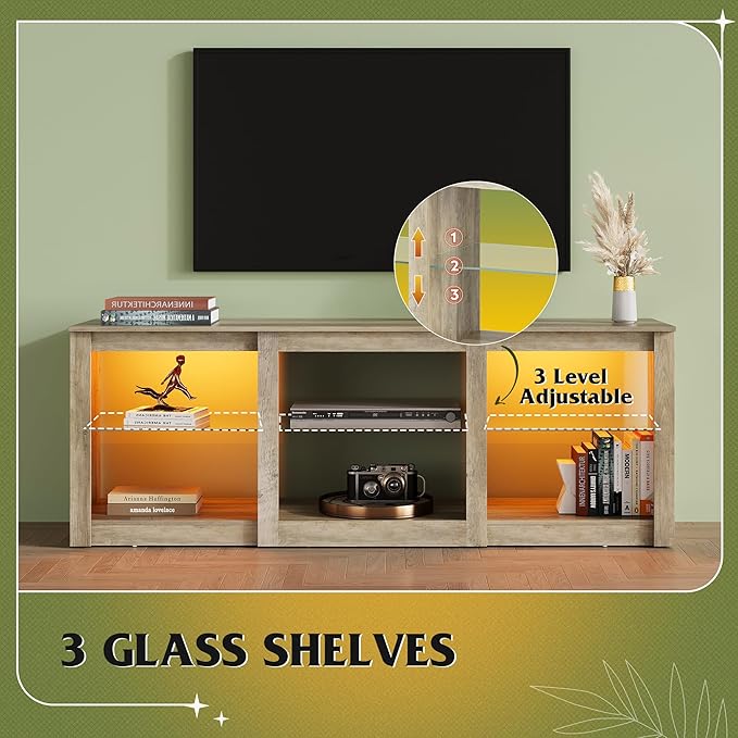 WLIVE LED TV Stand for 65 Inch TV, Modern Entertainment Center with Adjustable Glass Shelves & Customizable LED Lights, Sturdy Media Console for Living Room, Bedroom,Gaming (Gray Oak)