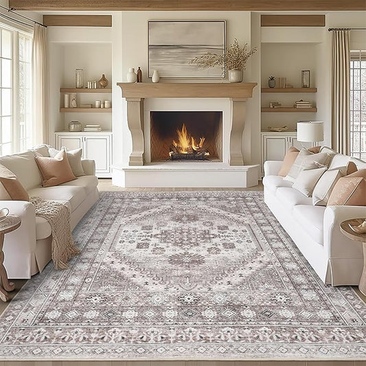 zesthome 10x12 Area Rugs,Stain Resistant Washable Rug,Ultra-Thin Rugs for Living Room,Bedroom,Non-Slip Backing Home Decor Large Area Rug (Brown/Beige,10'x12')