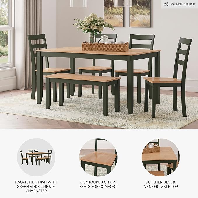 Signature Design by Ashley Gesthaven Modern Dining Table with 4 Chairs and Bench, Set of 6, Green & Light Brown