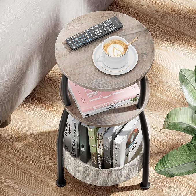 Round Side Table with Storage Basket –Small Space Saving End Table 3-Tier Coffee Table Bedside Corner Stand for Living Room, Bedroom, Garden and More 24in Tall Greige