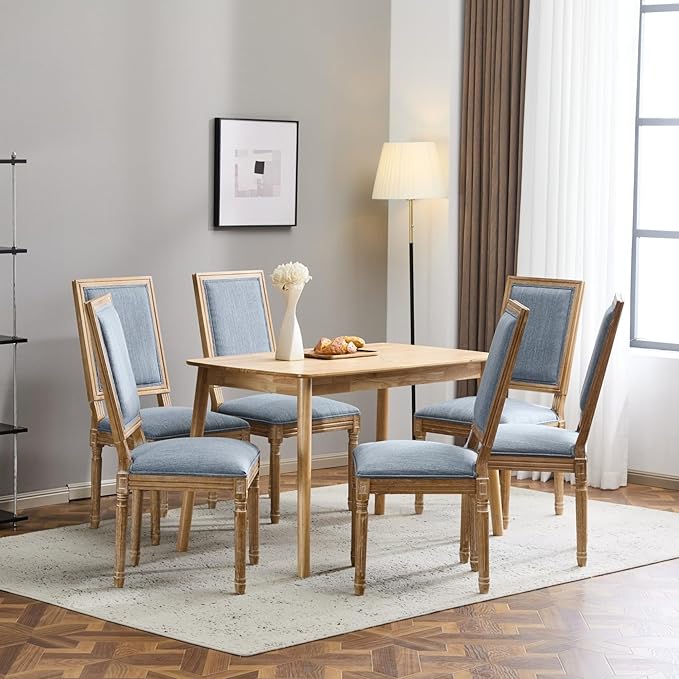 Merax Upholstered Solid Wood Dining Chairs Set of 6, French Country Style Accent Side Seating Furniture for Kitchen, Living Room, Cushioned Back, Slate Blue