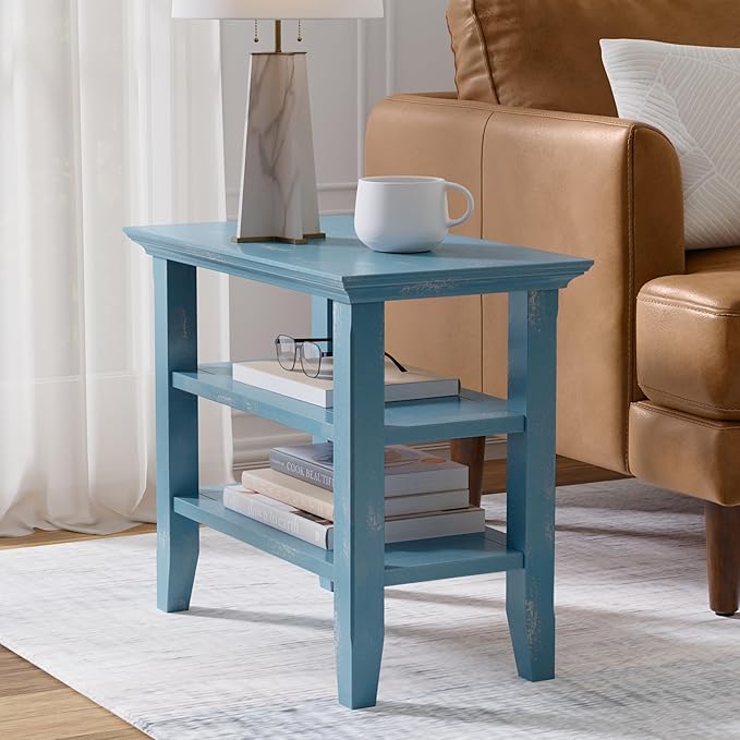 SIMPLIHOME Acadian 14-inch Wide Solid Wood Narrow End Table in Distressed Coastal Blue, Transitional-Style Side Table for Living Room, Bedroom, or Family Room with 2 Open Shelves