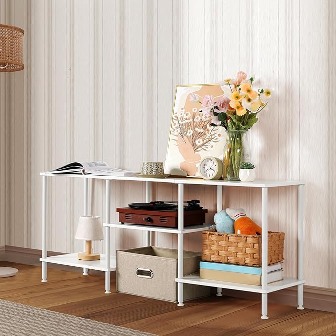 White TV Stand with Storage for 50 Inch TV Modern Entertainment Center with Open Storage Shelves 3 Tier Wood TV Console Table Media Cabinet for Living Room Bedroom Office