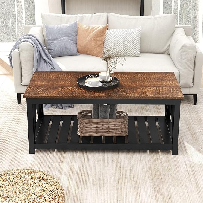 ChooChoo Black Coffee Table, Rustic Vintage Table with Shelf for Living Room, 40 Inch