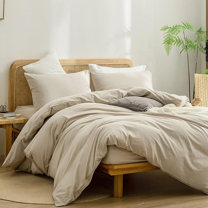 BESTOUCH Duvet Cover Set 100% Washed Cotton Linen Feel Super Soft Comfortable Chic Lightweight 3 PCs Home Bedding Set Solid Almond Milk Grey Super King Plus