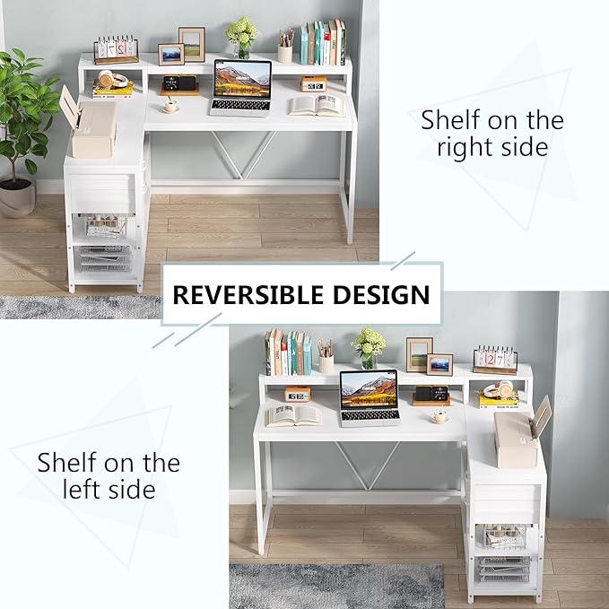 Tribesigns 55-inches Reversible L Shaped Desk with Drawer, Modern White L Corner Desk Home Office Table with Storage Shelves and Monitor Stand, Wooden and Metal PC Desk for Small Space